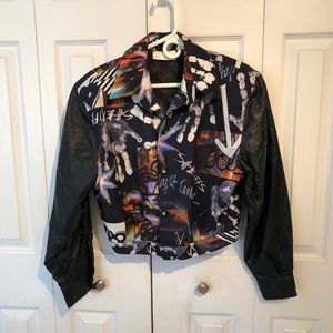 Abstract print jacket with leather sleeves